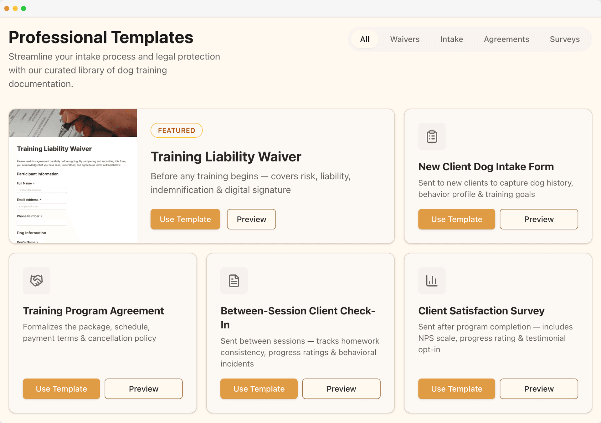 Client forms and intake interface